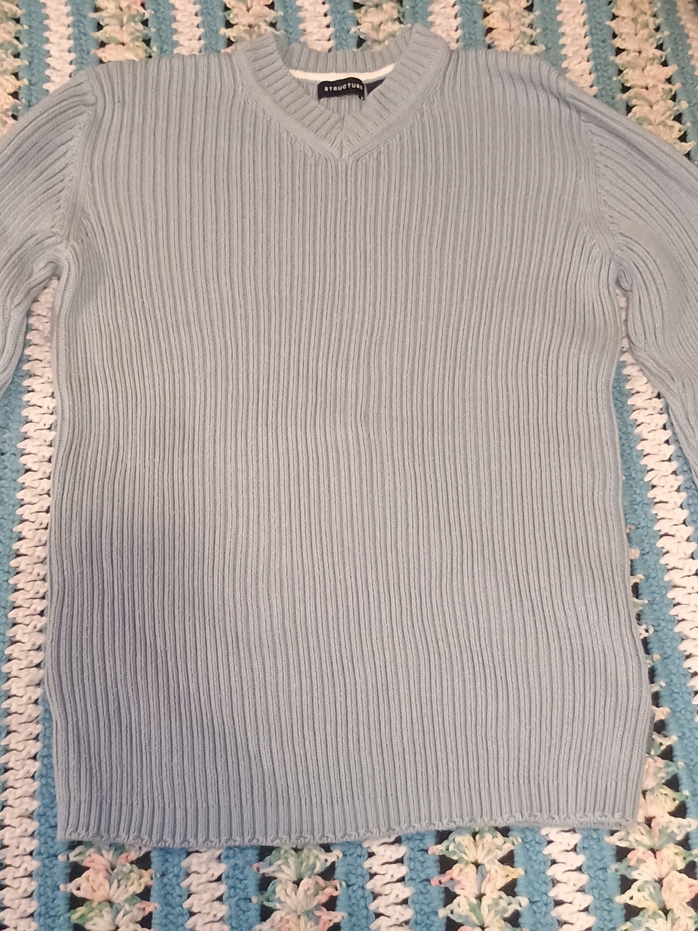 Structure Light Blue Ribbed V-Neck Sweater